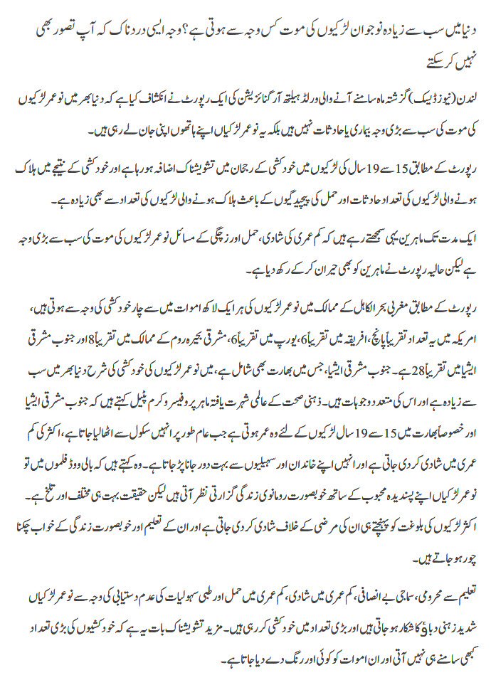 Dunya main sb sy zyada lerkiun ki maut kis waja sy hoti hai